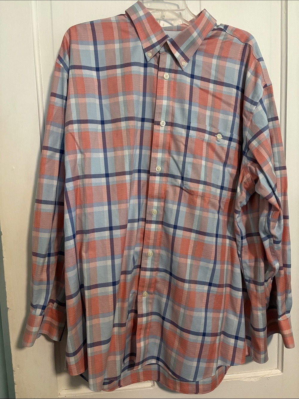Orvis Coral and Light Blue Plaid Button-Down Shirt